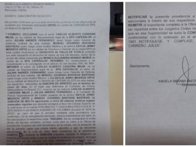 Cinco días de arresto para Gerente Nacional de Cafesalud por desacato a tutela en Manizales