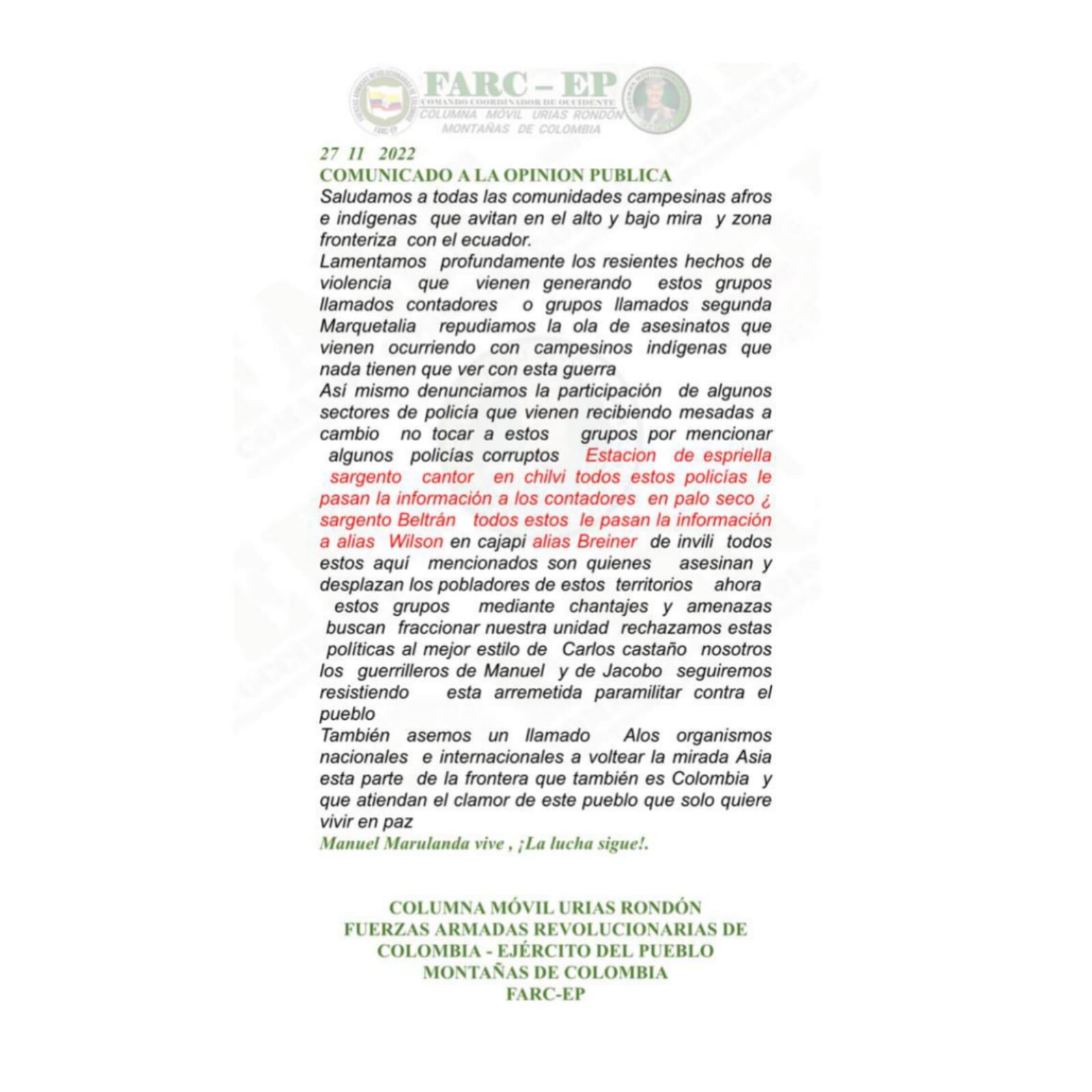 La misiva alerta a la comunidad sobre hechos de violencia en la zona.