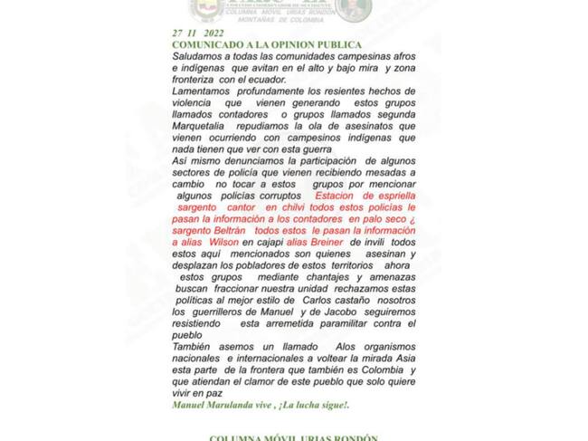 La misiva alerta a la comunidad sobre hechos de violencia en la zona.