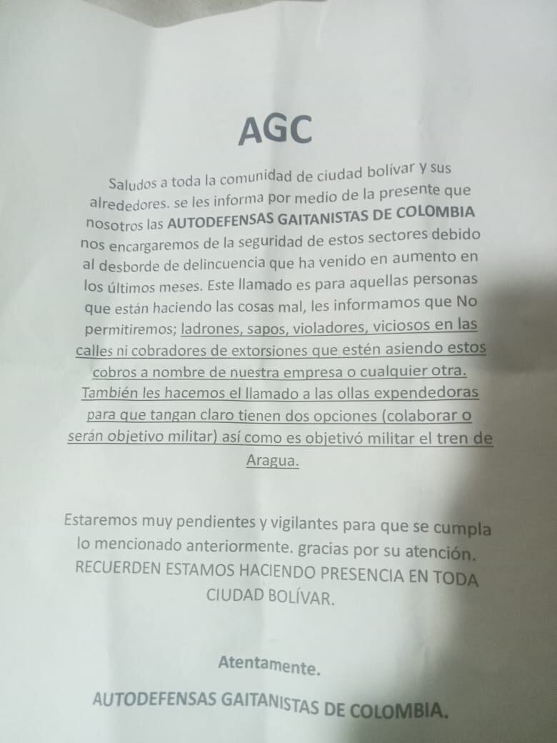 Panfleto amenazante que apareció en Ciudad Bolívar.