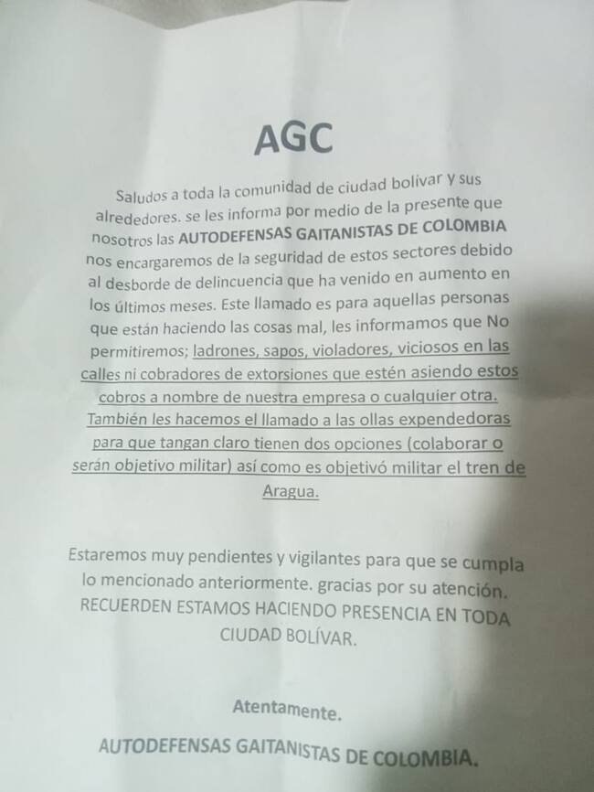 Panfleto amenazante que apareció en Ciudad Bolívar.