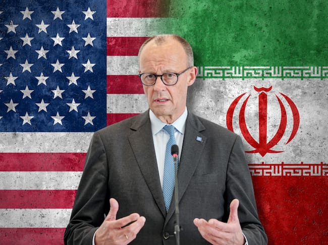 El canciller de Alemania, Friedrich Merz, junto a las banderas de Estados Unidos e Irán. Fotos: GettyImages