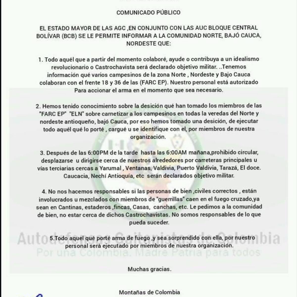 Denuncian que las AGC ya habían amenazado a las comunidades antes de la masacre