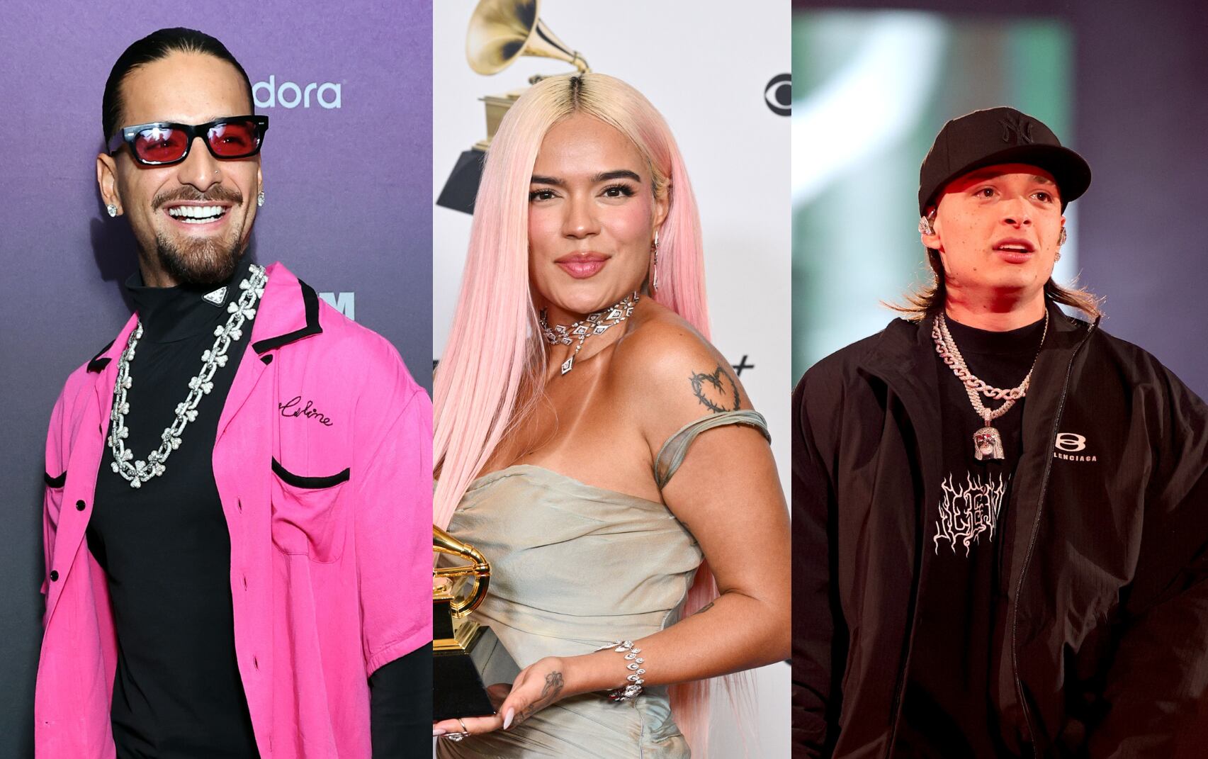 Maluma, Karol G y Peso Pluma, artistas latinoamericanos internacionales (Fotos vía Getty Images)