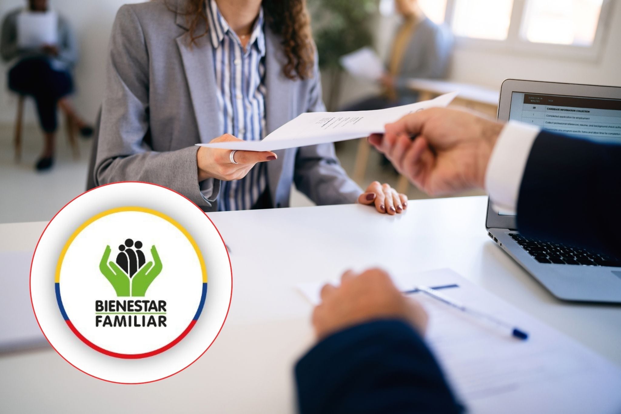 Imagen de referencia sobre entrevista de trabajo y logo del ICBF. / Vía Twitter y Getty Images