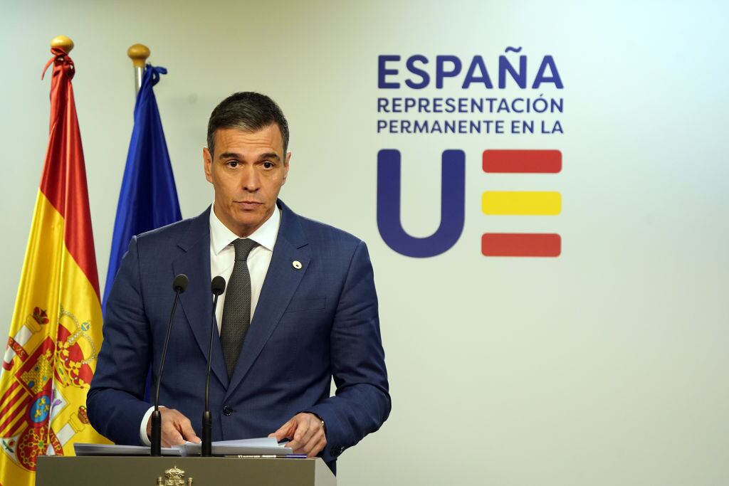 BRUSSELS, BELGIUM - APRIL 18:  Prime Minister of Spain Pedro Sanchez Perez Castejon attends a press conference during a Special European Council Meeting on April 18, 2024 in Brussels, Belgium. (Photo by Pier Marco Tacca/Getty Images)