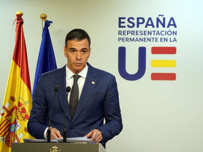 BRUSSELS, BELGIUM - APRIL 18:  Prime Minister of Spain Pedro Sanchez Perez Castejon attends a press conference during a Special European Council Meeting on April 18, 2024 in Brussels, Belgium. (Photo by Pier Marco Tacca/Getty Images)