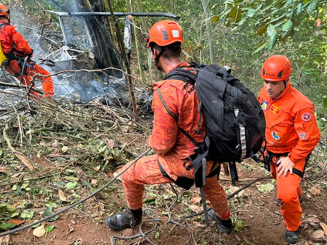 Handout picture released by the Rio de Janeiro Fire Departament showing firefighters working to put out a fire after a helicopter fell, killing four people, at the Tijuca National Park in Rio de Janeiro, Brazil, on August 8, 2026. (Photo by Handout / Rio de Janeiro Fire Department / AFP) / RESTRICTED TO EDITORIAL USE - MANDATORY CREDIT AFP PHOTO / RIO DE JANEIRO FIRE DEPARTMENT - NO MARKETING NO ADVERTISING CAMPAIGNS - DISTRIBUTED AS A SERVICE TO CLIENTS