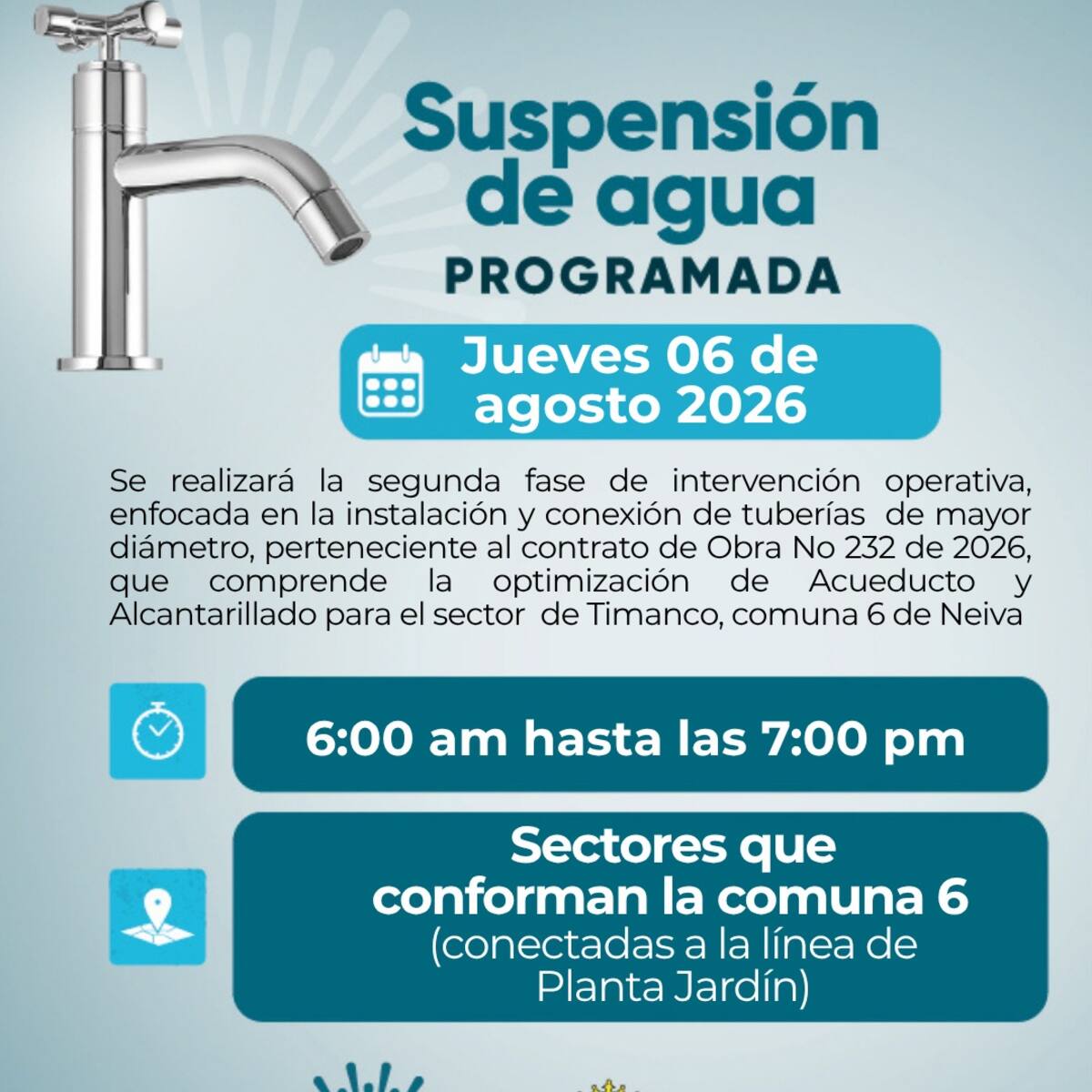 Suspenderán el servicio de agua en la comuna 6 de Neiva por obras de modernización del acueducto