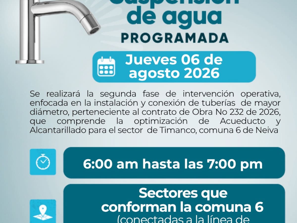Suspenderán el servicio de agua en la comuna 6 de Neiva por obras de modernización del acueducto
