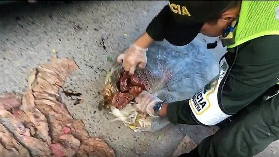 Un total de 526 kilos de carne y 80 kilos de viseras han sido incautados por uniformados  de la Policía Fiscal y Aduanera en Santa Marta. . Foto: POLFA