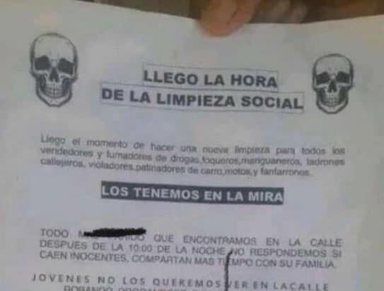 Panfleto que anuncia limpieza social en Ocaña