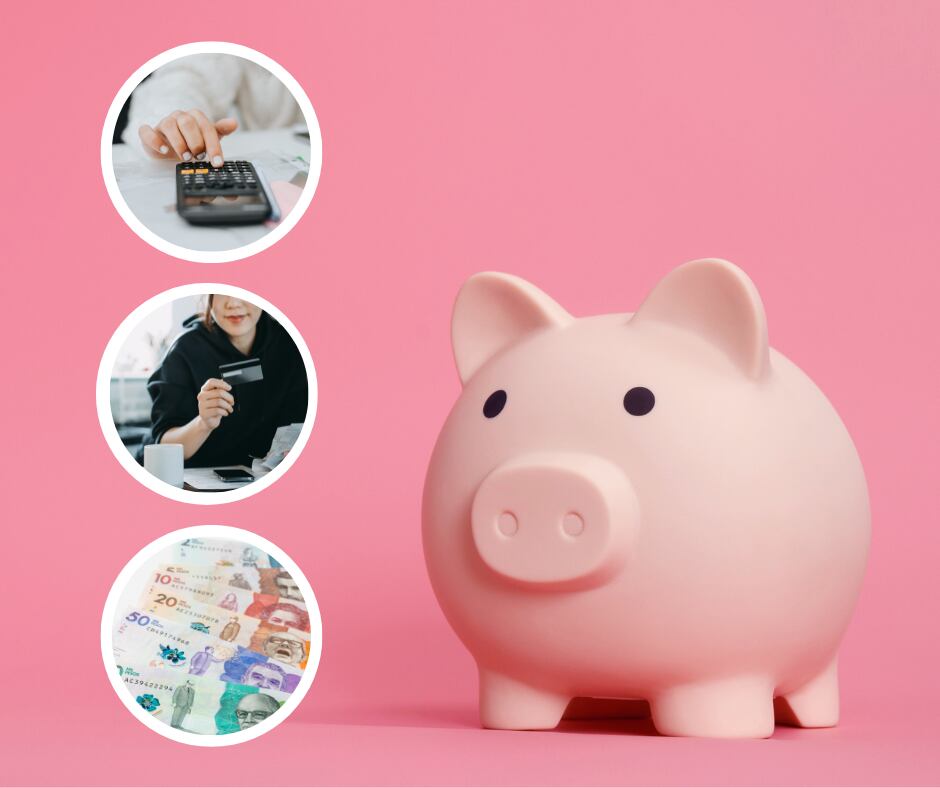 Alcancía junto a una calculadora, billetes y una mujer con una tarjeta en la mano (Fotos vía Getty Images)