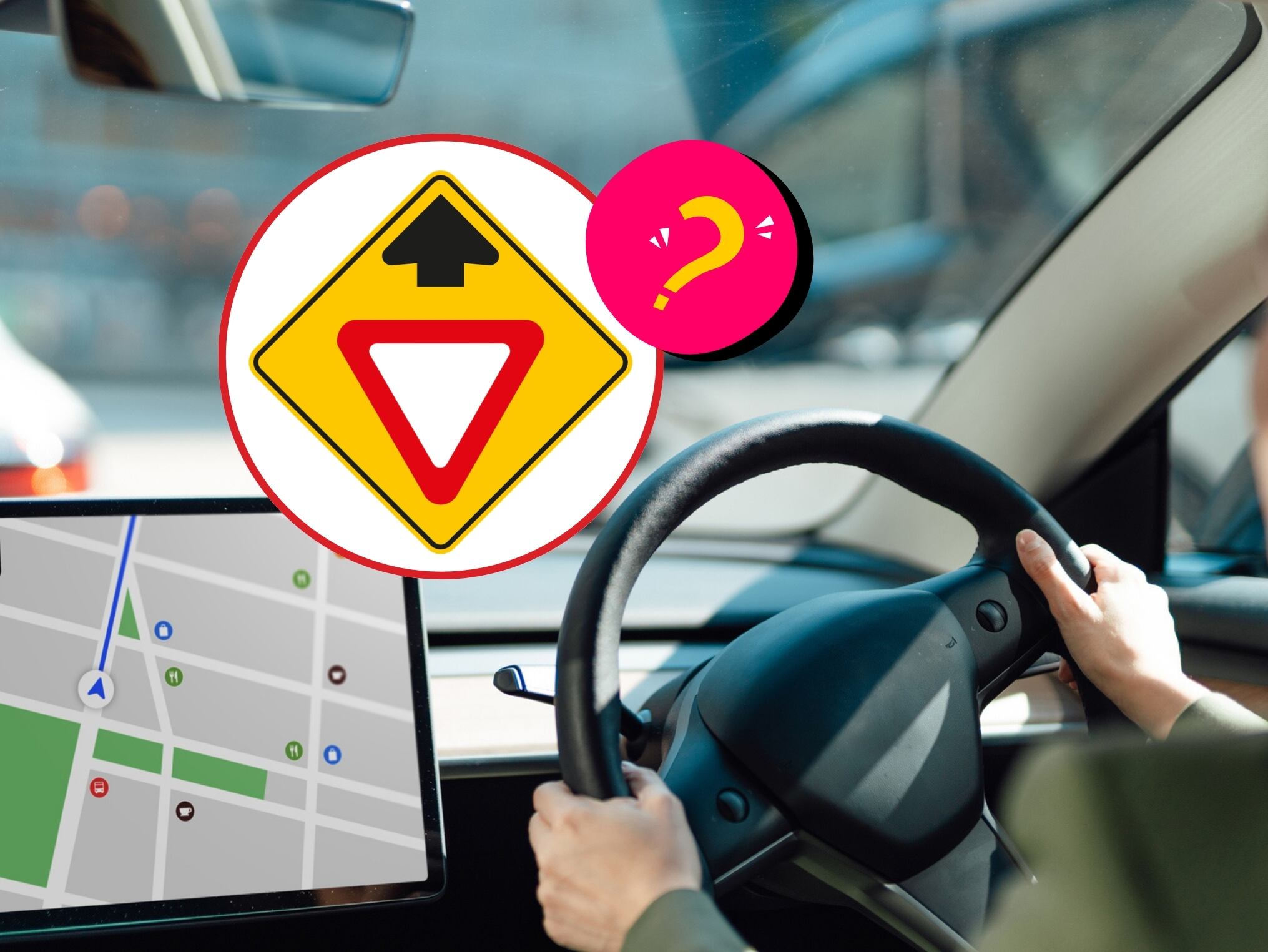 de fondo: Persona conduciendo un vehículo con un GPS a su lado. Imagen de señal de tránsito: Señal SP-33 (Crédito: Getty Images / Manual de Señalización Vial de Colombia)