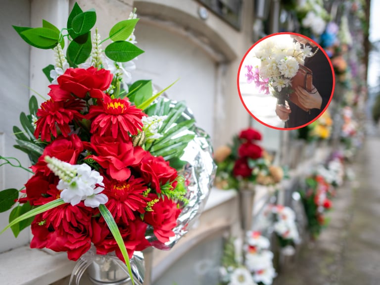 Cementerio y una persona llevando flores al cementerio (Fotos vía Getty Images)