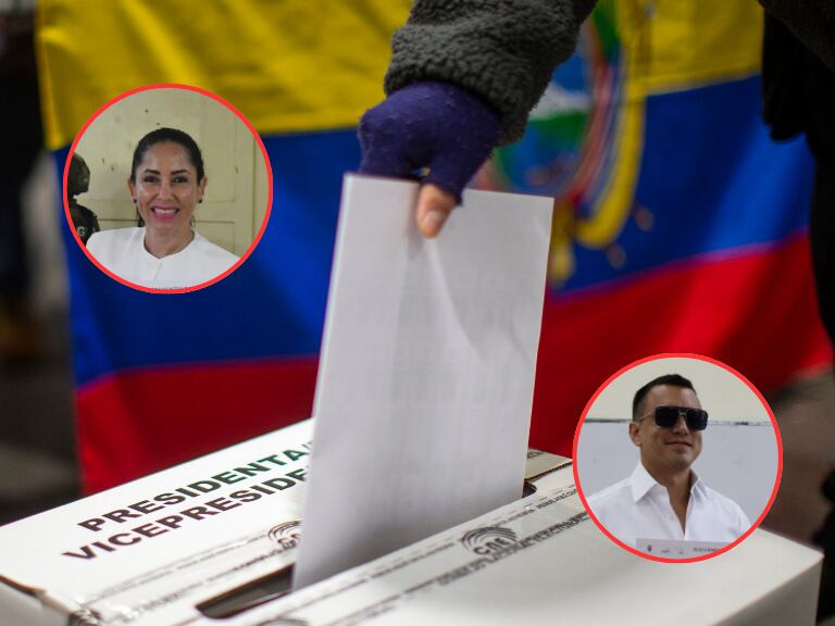 Urnas en Ecuador y al fondo los candidatos Luisa González y Daniel Noboa  (Fotos vía Getty Images)