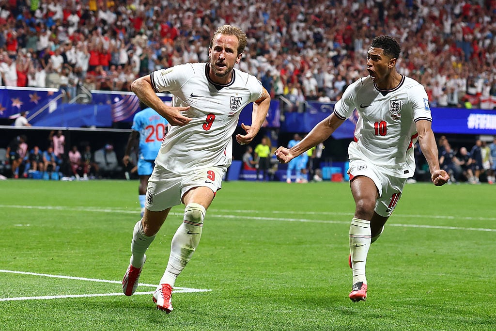 ATLANTA, GEORGIA - JULY 1: Harry Kane of England celebrates scoring a goal to make the score 1-1 with Jude Bellingham during the FIFA World Cup 2026 Round of 32 match between England and Congo DR at Atlanta Stadium on July 1, 2026 in Atlanta, United States. (Photo by Chris Brunskill/Fantasista/Getty Images)