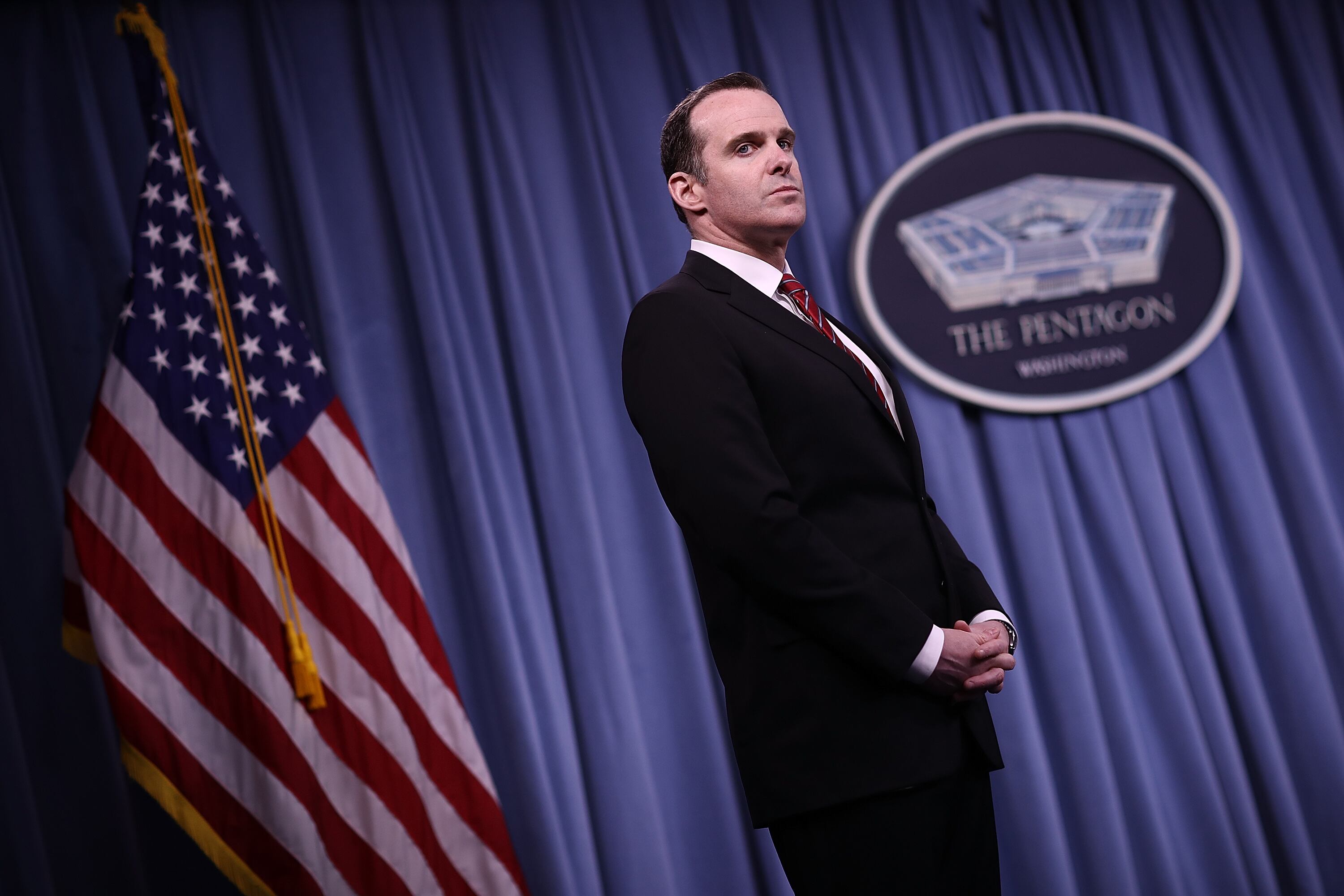 ARLINGTON, VA - MAY 19: Special Presidential Envoy for the Global Coalition to Counter ISIS Brett McGurk listens to questions from reporter during a Pentagon briefing May 19, 2017 in Arlington, Virginia. Mattis, Dunford, and McGurk briefed members of the press on the status of U.S. President Donald Trump's campaign to defeat ISIS. (Photo by Win McNamee/Getty Images)