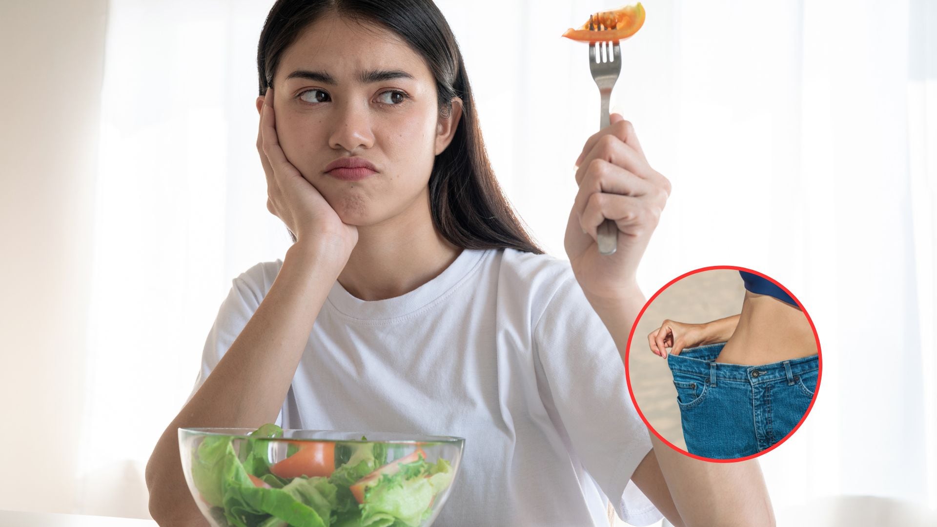 Mujer aburrida comiendo un plato de ensalada. En el círculo imagen de una persona adelgazando / Fotos: GettyImages