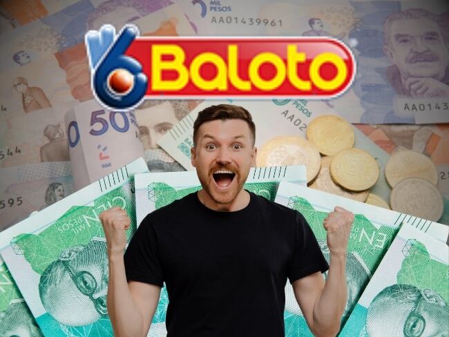 Billetes colombianos / hombre celebrando // logo Baloto//