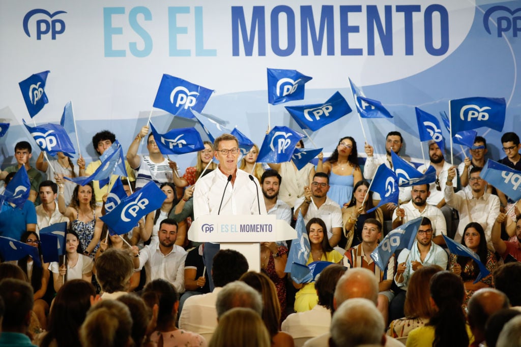 MURCIA REGION OF MURCIA, SPAIN - JULY 12: The leader of the PP, Alberto Nuñez Feijoo, speaks during an electoral campaign act of the PP, at the Auditorio Victor Villegas, on 12 July, 2023 in Murcia, Region of Murcia, Spain. Feijoo has traveled to Murcia accompanied by Aznar and Ana Botella to take part in a campaign event for the July 23 general elections and to support Lopez Miras. (Photo By Edu Botella/Europa Press via Getty Images)