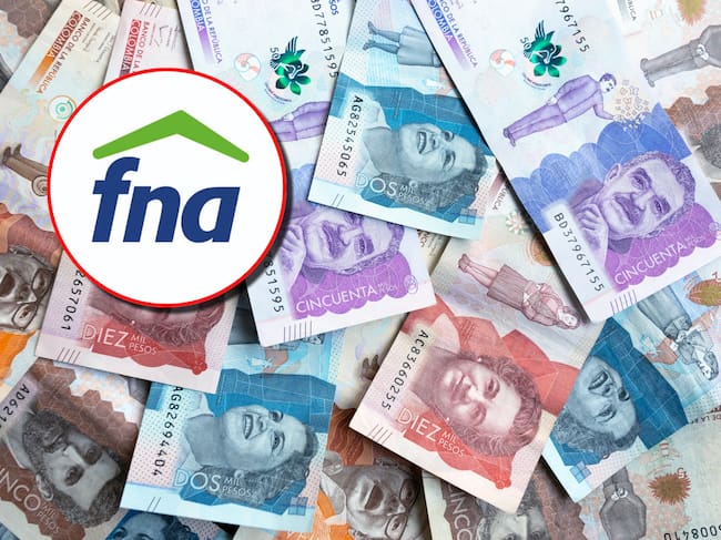 Dinero colombiano y logo del FNA. Foto: Getty Images y Redes sociales del FNA. .