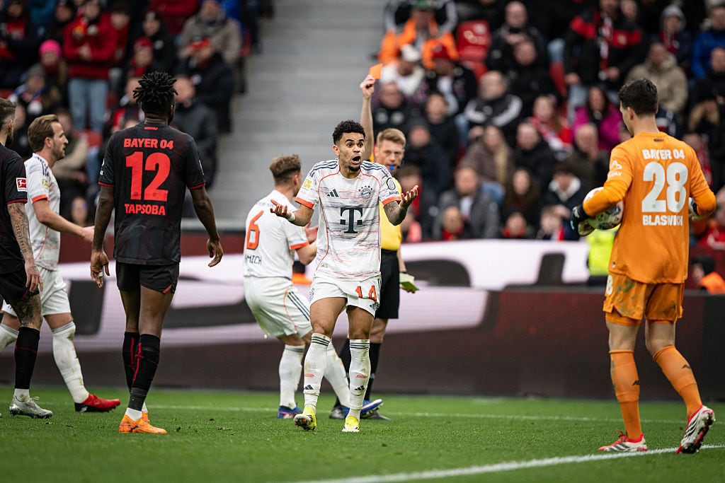 LEVERKUSEN, GERMANY - MARCH 14: Luis Diaz of FC Bayern Muenchen reacts after been sent off by the referee during the Bundesliga match between Bayer 04 Leverkusen and FC Bayern München at BayArena on March 14, 2026 in Leverkusen, Germany. (Photo by A. Scheuber/FC Bayern via Getty Images)