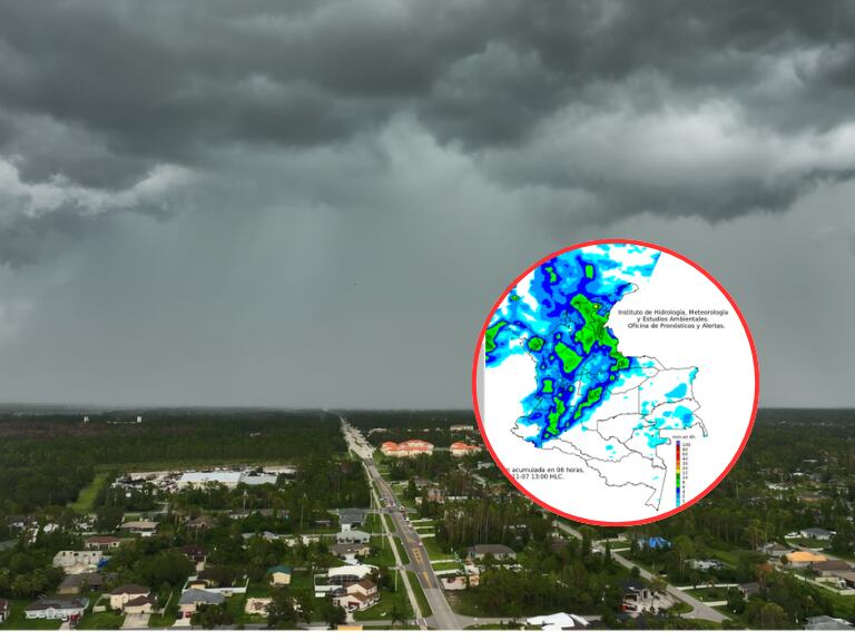 Imagen panorámica de una ciudad con gran nubosidad / Mapa de Colombia con pronóstico de precipitaciones (Getty Images / IDEAM)