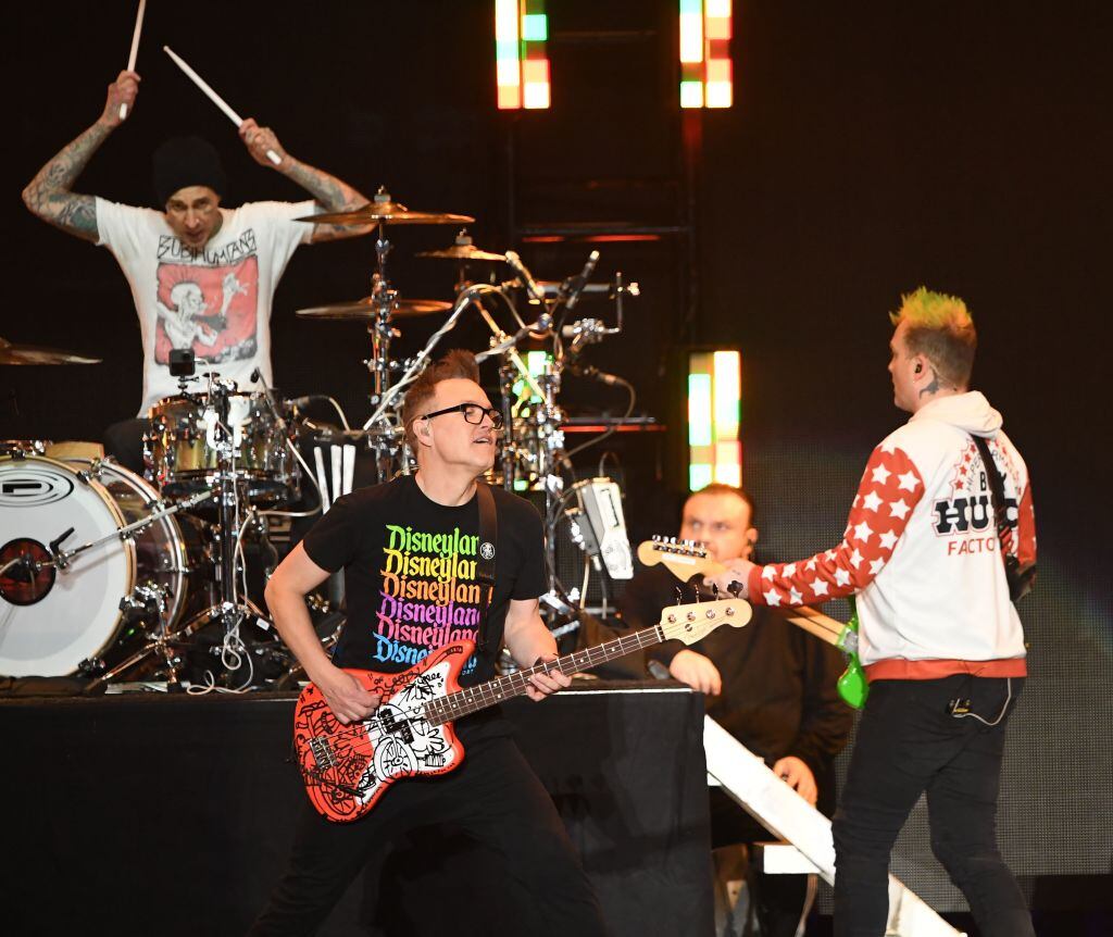 Blink-182 performs on stage at the 2020 iHeartRadio ALTer EGO concert at The Forum in Inglewood, California, January 18, 2020. (Photo by Robyn Beck / AFP) (Photo by ROBYN BECK/AFP via Getty Images)
