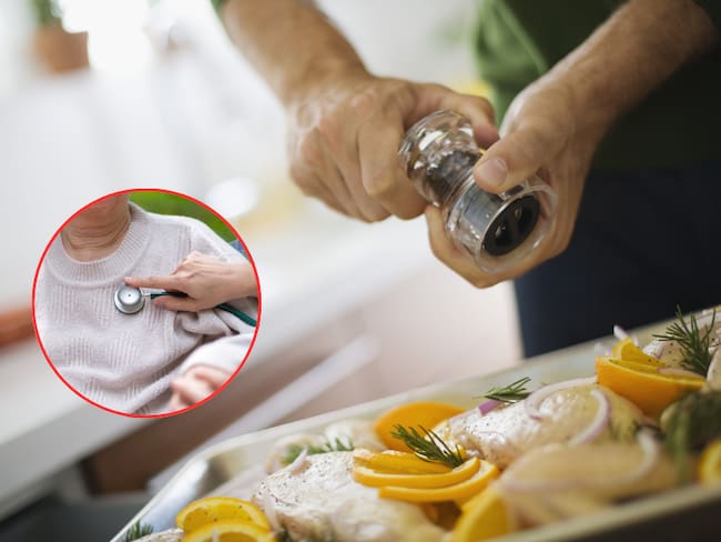 Hombre colocando pimienta a su comida / Mujer mayor recibiendo atención médica (Getty Images)