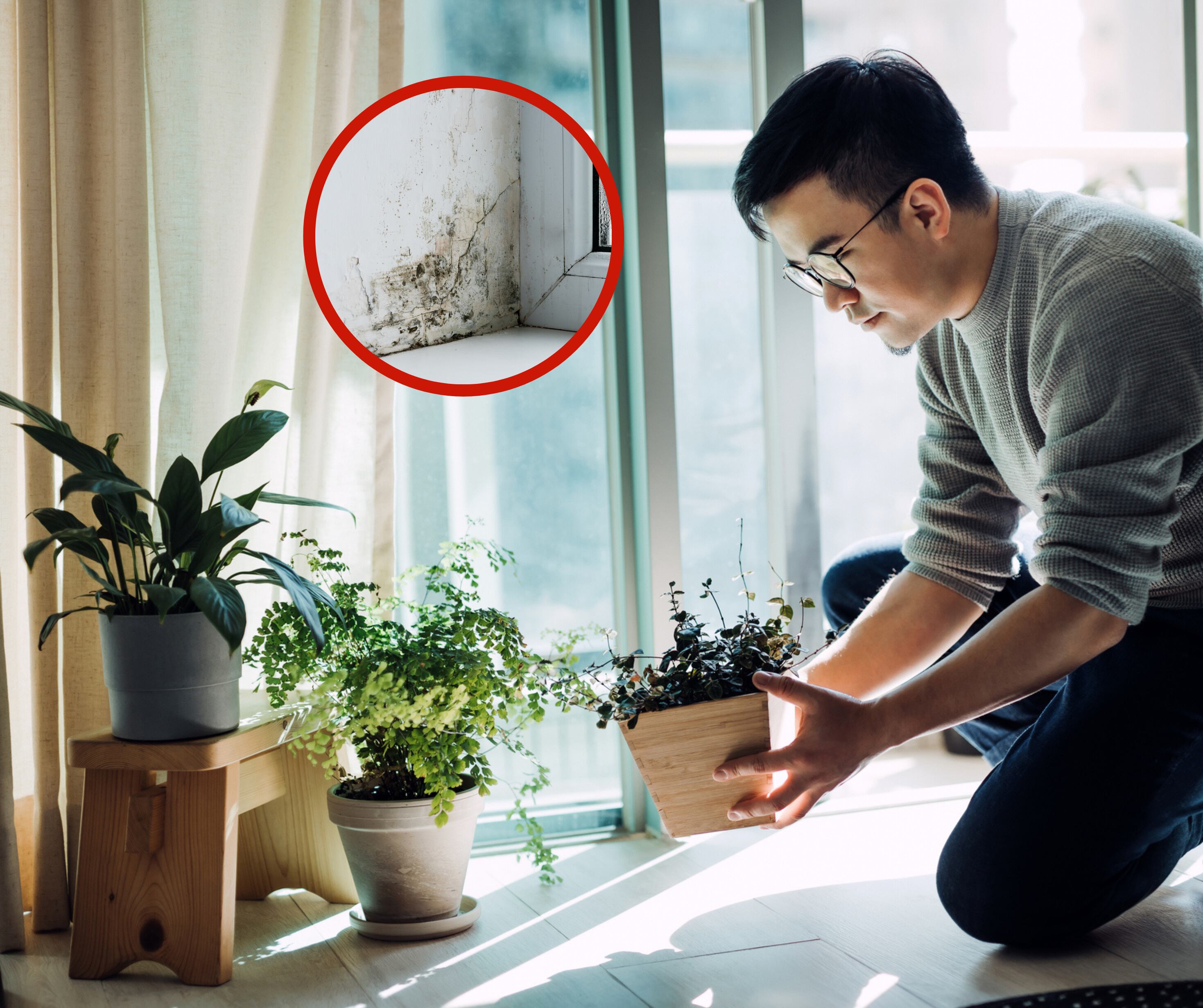 Hombre colocando una matera en el suelo junto a una pared con moho (Fotos vía Getty Images)