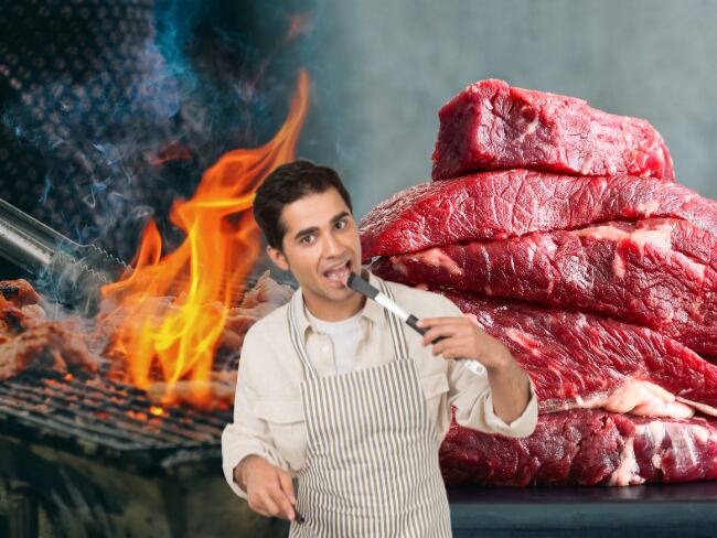 Imagen de referencia // carne cocinada y cruda // hombre comiendo carne