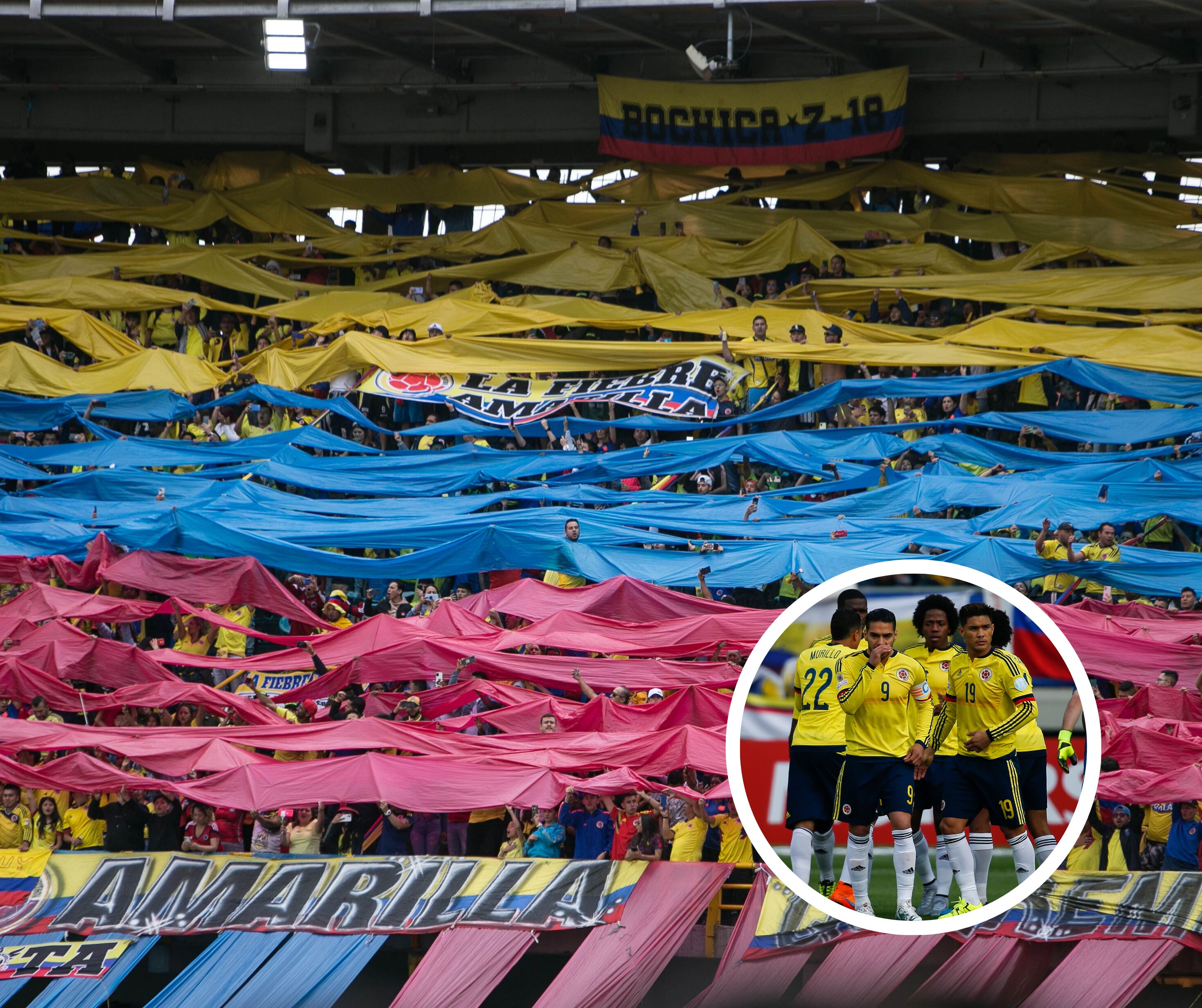 Fotografía de la hinchada junto a varios jugadores de la Selección (Colprensa)