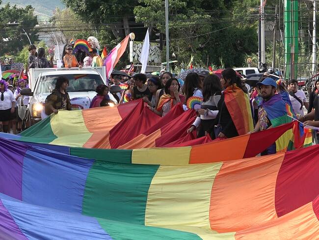 -FOTODELDÍA- MEX1750. OAXACA (MÉXICO), 22/06/2024.- Integrantes de la comunidad LGBT participan en una manifestación este sábado, en la ciudad de Oaxaca (México). Unas 1.000 personas participaron este sábado en la cuarta caravana por el Orgullo LGBTIQ+ en la ciudad de Oaxaca, capital homónima del estado del sur de México, cuyo lema fue &quot;Nuestra salud mental primero&quot; ante la violencia, discriminación, crímenes de odio y falta de protocolos de atención en las instituciones. EFE/Jesús Méndez
