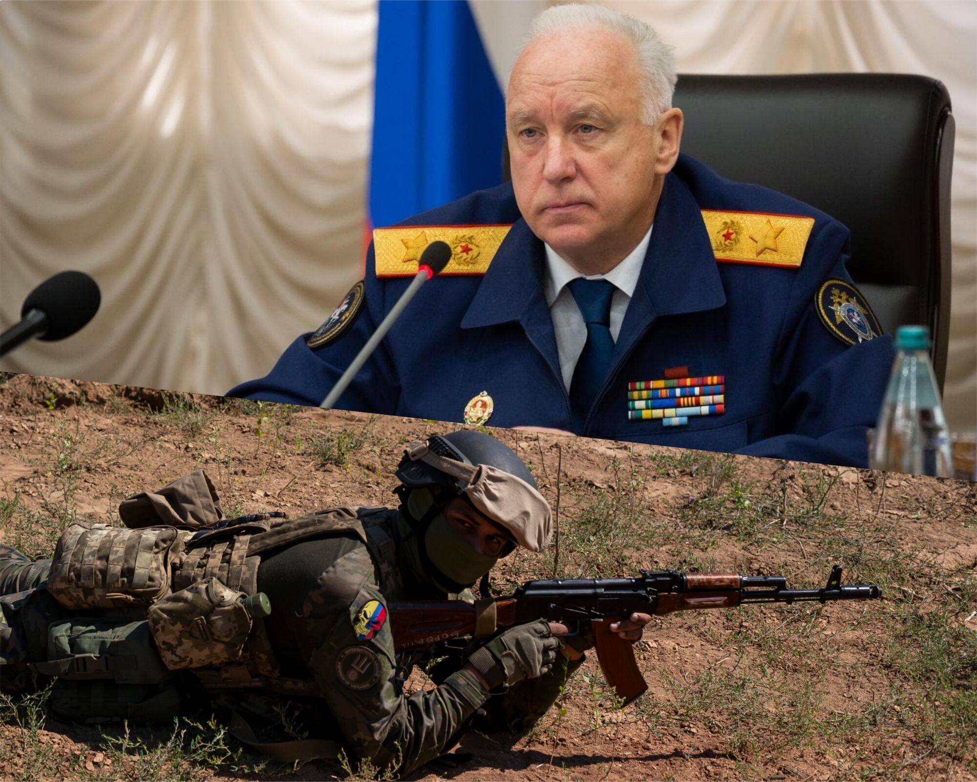 En la imagen se ve al jefe del Comité de Instrucción de Rusia (CIR), Alexandr Bastrikin y a un mercenario colombiano entrenando en la región de Donetsk (Ucrania). 
(Foto:   Caracol Radio / Cortesía / Getty )