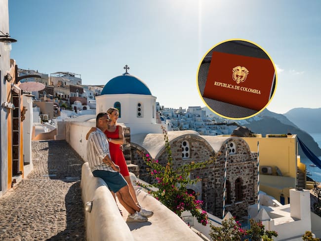 Pareja haciendo turismo en Santorini, Grecia. En el círculo, la imagen del pasaporte colombiano / Fotos: GettyImages