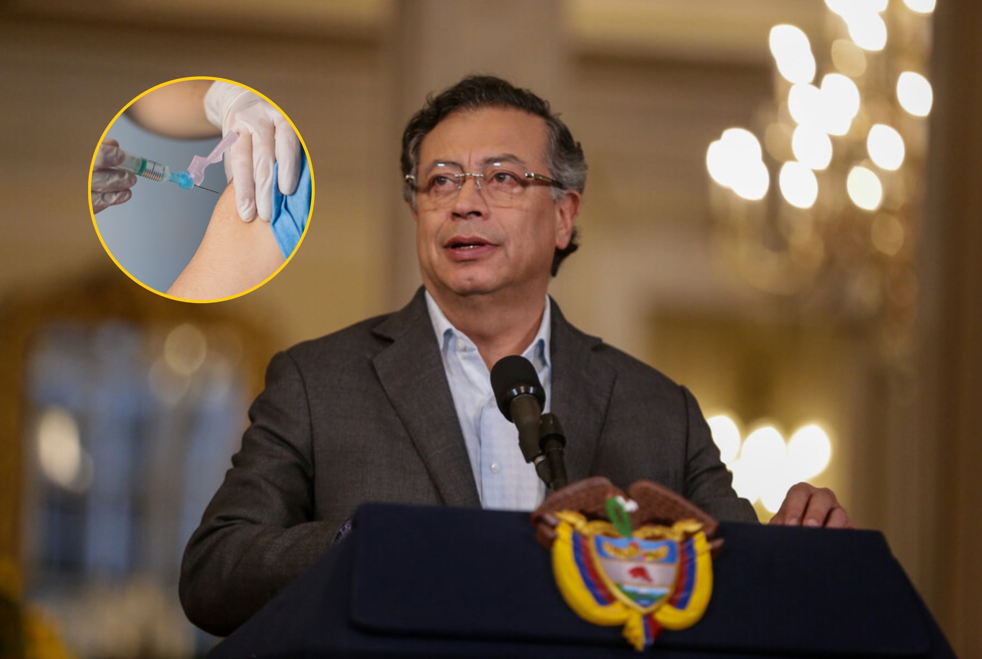 Presidente Gustavo Petro y vacunas. Fotos:  Colprensa - Catalina Olaya / Pedro Merino Higueras via Getty Images
