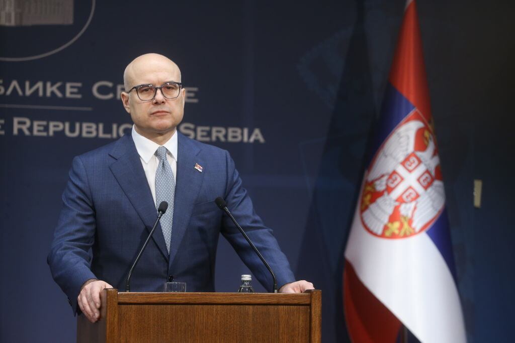 BELGRADE, SERBIA - JANUARY 28: Serbian Prime Minister Milos Vucevic announces his resignation during a press meeting in Belgrade, Serbia on January 28, 2025. Vucevic's resignation came after months of massive protests sparked by the deadly collapse of a concrete canopy in November. (Photo by Filip Stevanovic/Anadolu via Getty Images)