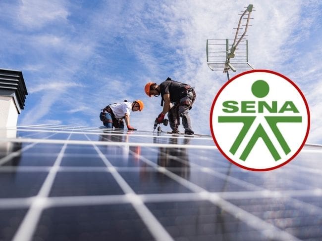 Paneles solares y logo del SENA. Fotos: Getty Images