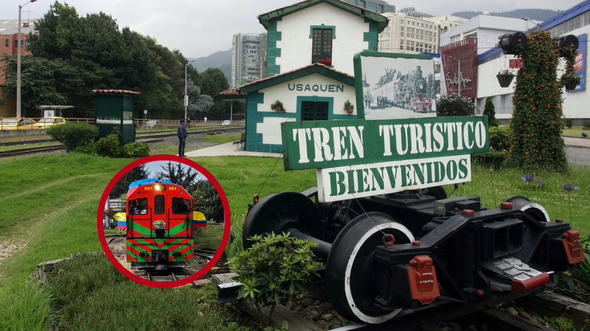 De fondo la estación ferroviaria de Usaquén y en el círculo foto del Tren de la Sabana / Fotos: Colprensa y GettyImages