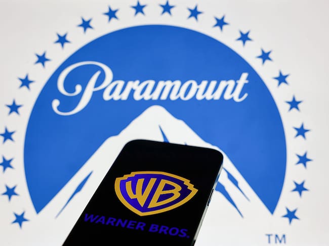 Paramount logo displayed on a laptop screen and Warner Bros logo displayed on a phone screen are seen in this illustration photo taken in Krakow, Poland on February 28, 2026. (Photo by Jakub Porzycki/NurPhoto via Getty Images)