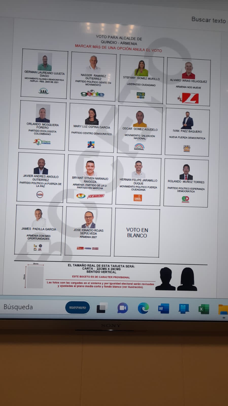 Tarjetón de prueba de posición de los candidatos a la alcaldía de Armenia. Foto Cortesía Ciudadanos