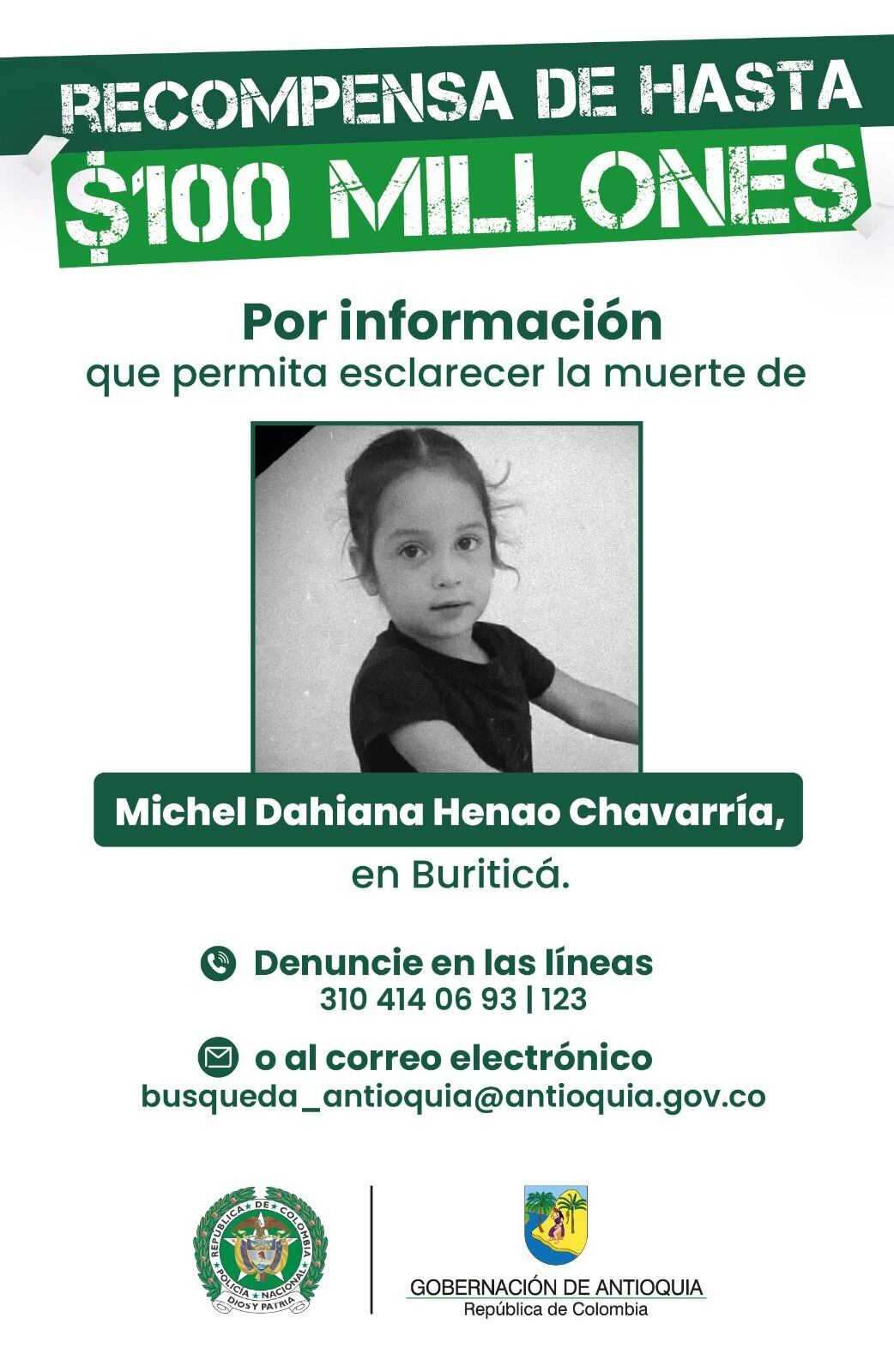 Recompensa para esclarecer la muerte de la niña Michel Dahiana- foto gobernación de Antioquia
