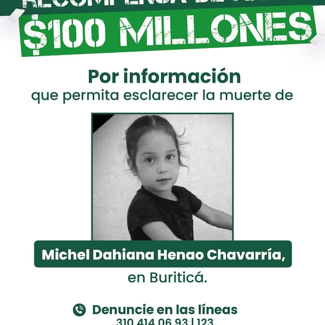 Recompensa para esclarecer la muerte de la niña Michel Dahiana- foto gobernación de Antioquia