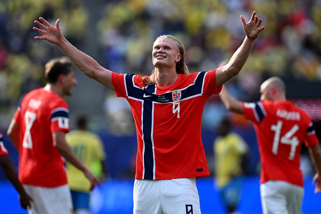 EAST RUTHERFORD, NEW JERSEY - JULY 05:  Erling Haaland of Norway celebrates his goal during the FIFA World Cup 2026 Round Of 16 match between Brazil and Norway at New York New Jersey Stadium on July 05, 2026 in East Rutherford, New Jersey. (Photo by Image Photo Agency/Getty Images)