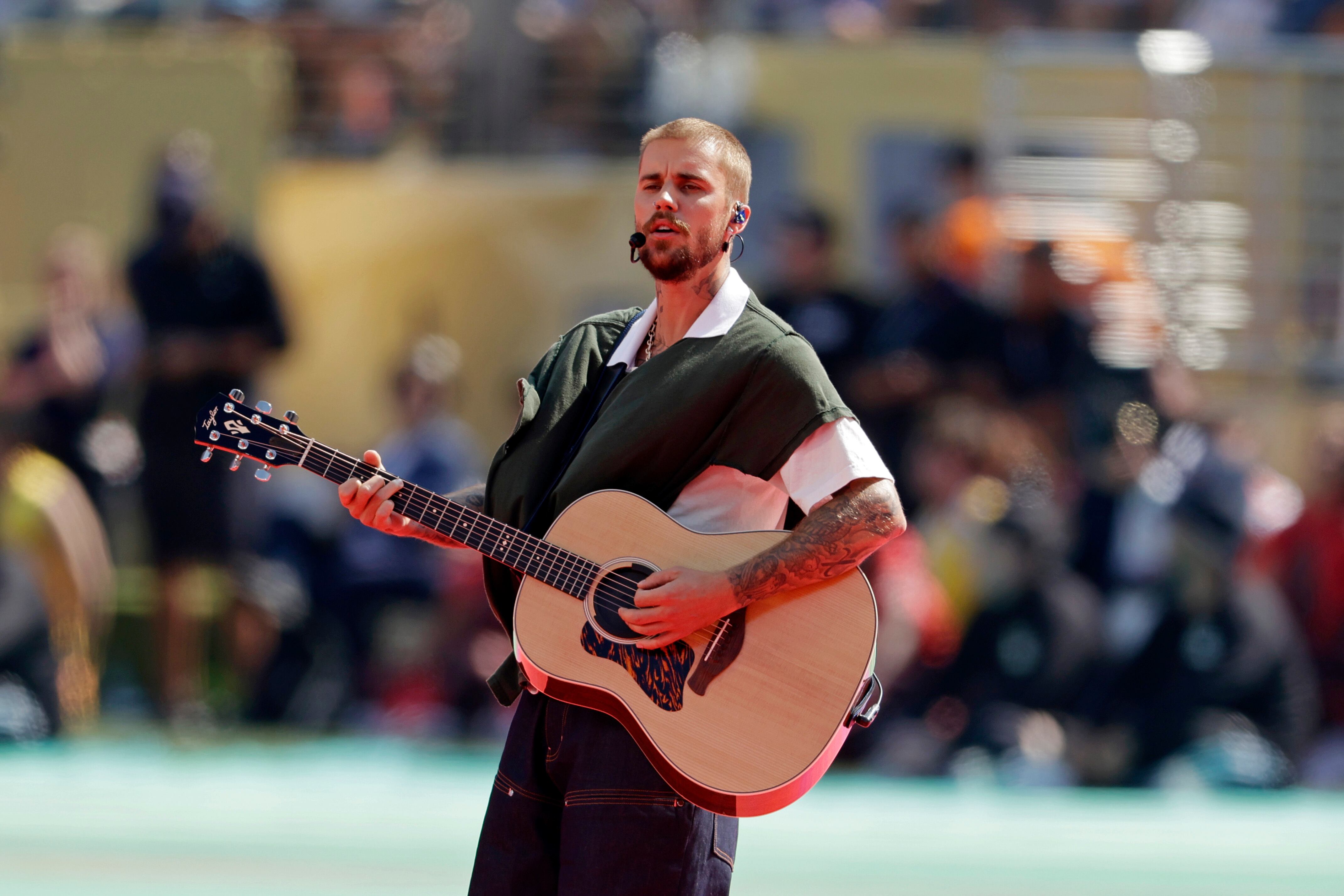 EAST RUTHERFORD, UNITED STATES - JULY 19: Justin Bieber during the world cup halftime show during the match between FIFA World Cup Final v Halftime Show at the New York New Jersey Stadium on July 19, 2026 in East Rutherford, New Jersey. (Photo by Eric Verhoeven/Soccrates/Getty Images)