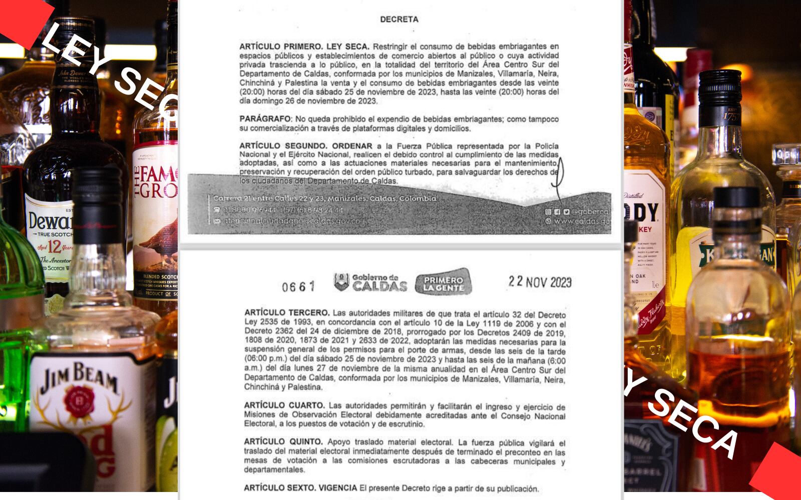Decreto de prohibición parcial de venta de licor en Caldas