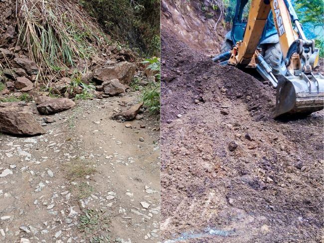 Derrumbe en la vereda Palocoposo (izquierda) y deslizamiento en el corregimiento San Bartolomé (derecha). Fotos: Facebook Alcaldía de Pácora, Caldas.