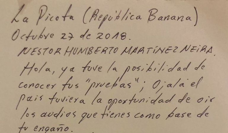 Foto de carta de Santrich difundida en redes sociales.