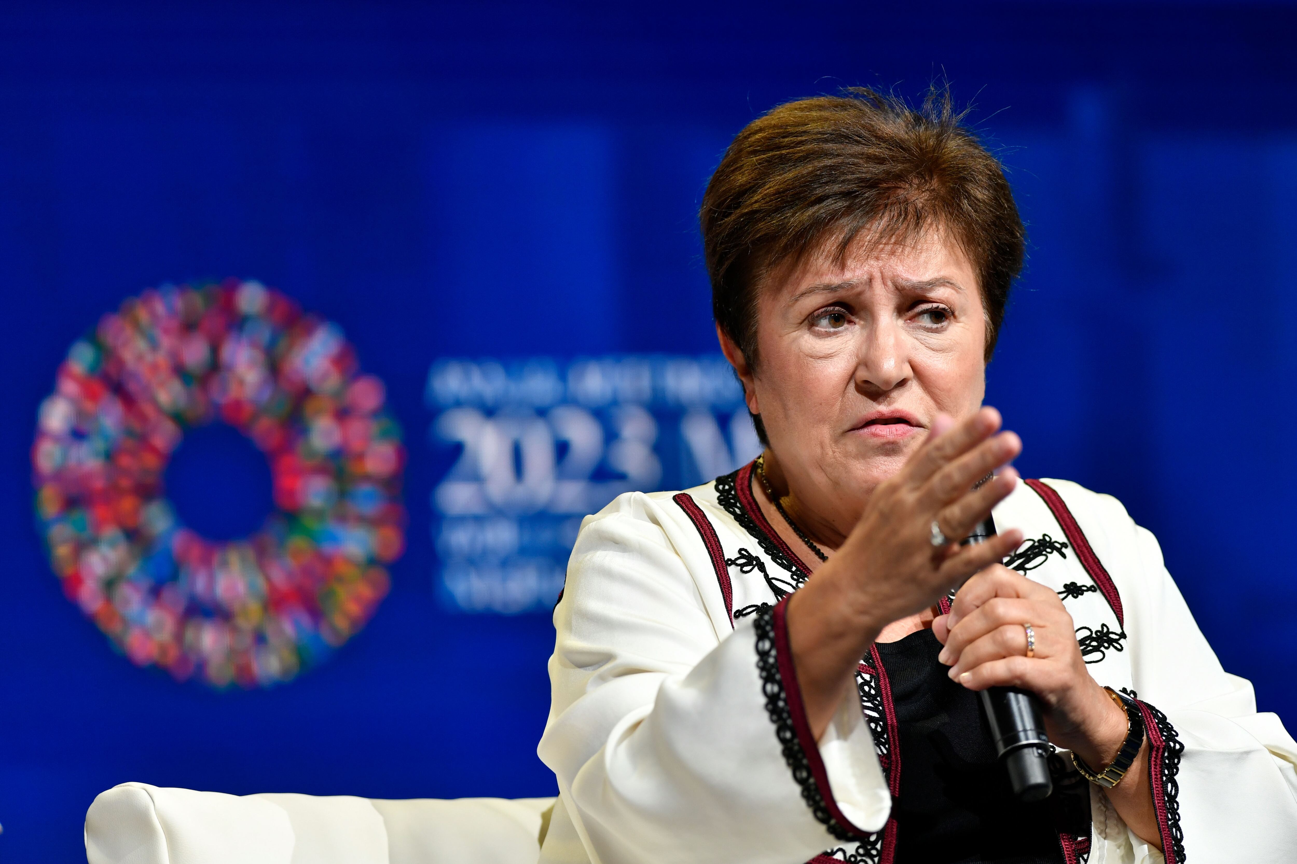 Marrakesh (Morocco), 12/10/2023.- IMF Managing Director Kristalina Georgieva speaks at a session during the fourth day of the 2023 Annual Meetings of the International Monetary Fund (IMF) and the World Bank Group (WBG) in Marrakesh, Morocco, 12 October 2023. This year's annual meetings, held from 09 to 15 October 2023, are joined by central bankers, ministers of finance and development, parliamentarians, private sector executives, representatives from civil society organizations and academics. (Marruecos) EFE/EPA/JALAL MORCHIDI